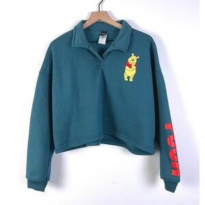 Disney Winnie The‎ Pooh Cropped Pullover Sweatshirt Graphic Teal Green Small